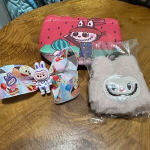 3 piece sets of barrettes and Cute coin purse with monsters/labubu characters